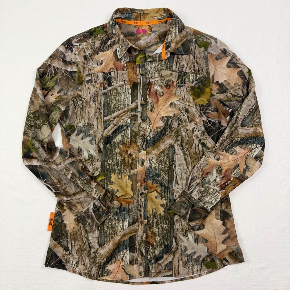 SHE Outdoor Shirt Womens Camo Button Front Long Sleeve Hunting Collared Oak Leaf